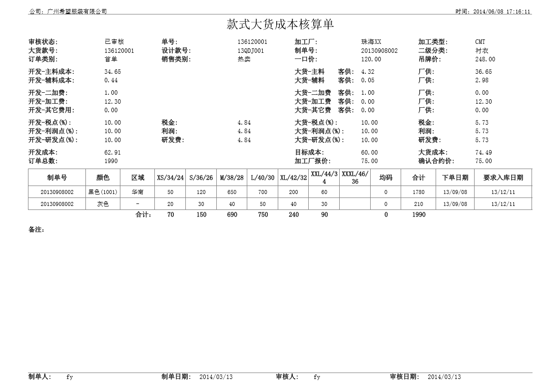 大货成本核算单,丰捷SCM成本管理,服装供应链管理系统,丰捷软件,广州丰捷企业管理服务有限公司