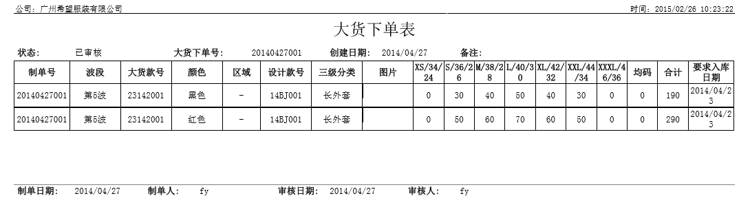 大货下单表,丰捷SCM商品管理,服装供应链管理系统,丰捷软件,广州丰捷企业管理服务有限公司