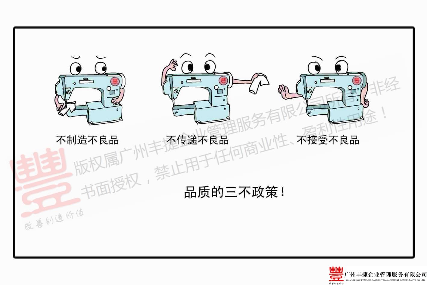 品质三不政策不制造不良品不传递不良品不接受不良品,丰捷精益管理漫画,丰捷服装精益生产改善项目,广州丰捷企业管理服务有限公司