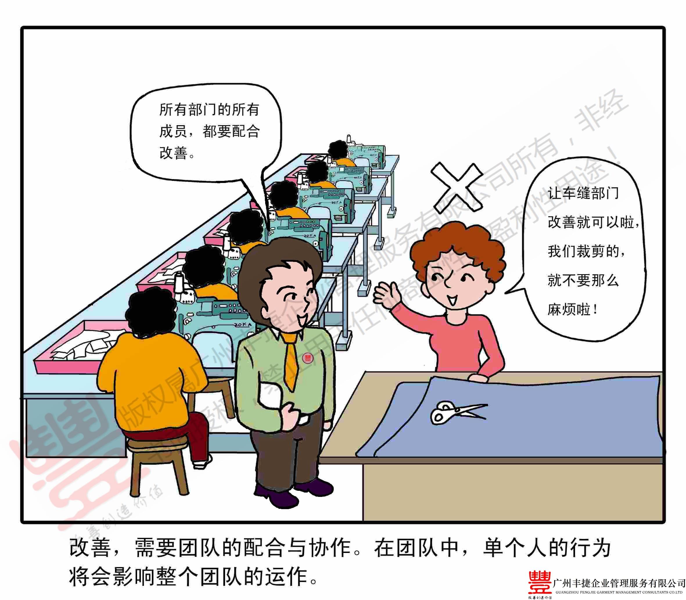 团队精神作业,丰捷精益管理漫画,丰捷服装精益生产改善项目,广州丰捷企业管理服务有限公司