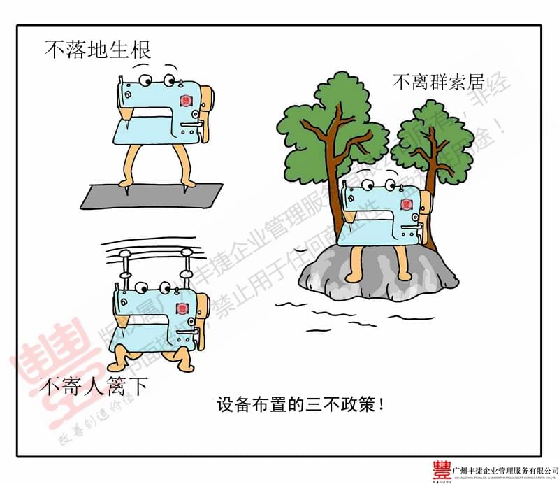 设备三不原则不落地生根不寄人篱下不离群索居,丰捷精益管理漫画,丰捷服装精益生产改善项目,广州丰捷企业管理服务有限公司