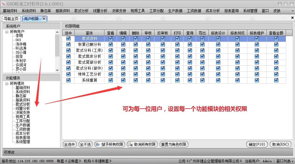 集团版用户权限设置,GSD软件,GSD标准工时软件,丰捷软件,广州丰捷企业管理服务有限公司